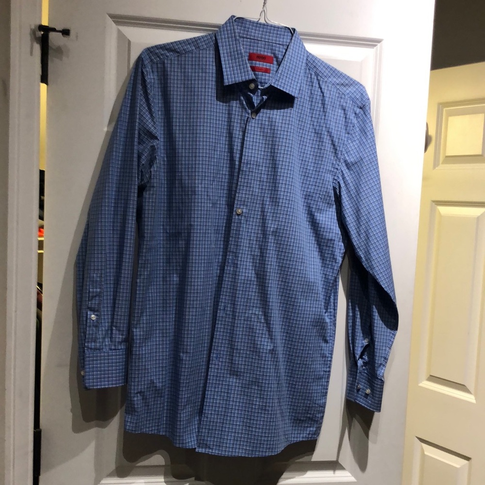 Hugo boss sharp fit cotton stretch button-down In a blue check pattern.